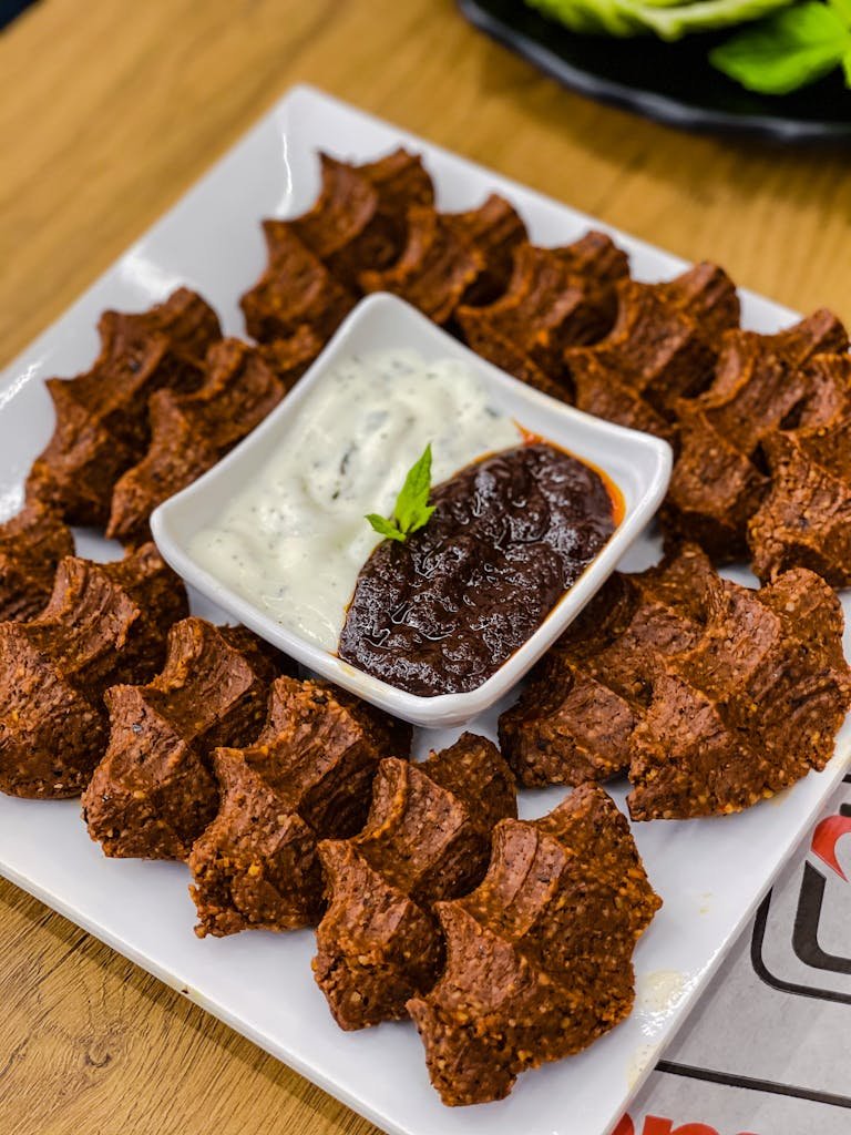 Tantalizing platter of spicy çiğ köfte with yogurt and red pepper dips for a flavorful snack.
