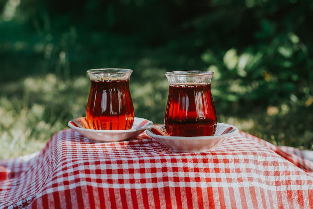Two traditional tea glasses on a red checkered picnic blanket in a sunny outdoor setting.