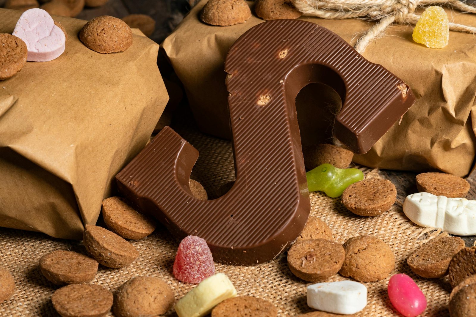 A delicious chocolate letter surrounded by festive candies and cookies on a rustic burlap background.