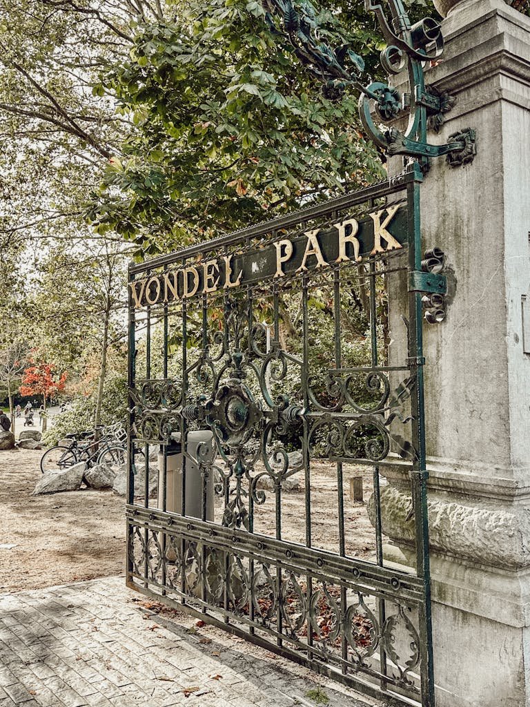 Intricate wrought iron gate marks the entrance to Amsterdam's Vondelpark.