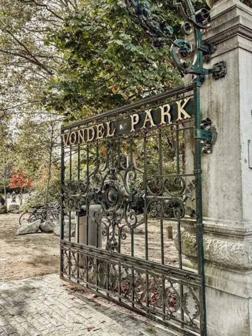 Intricate wrought iron gate marks the entrance to Amsterdam's Vondelpark.