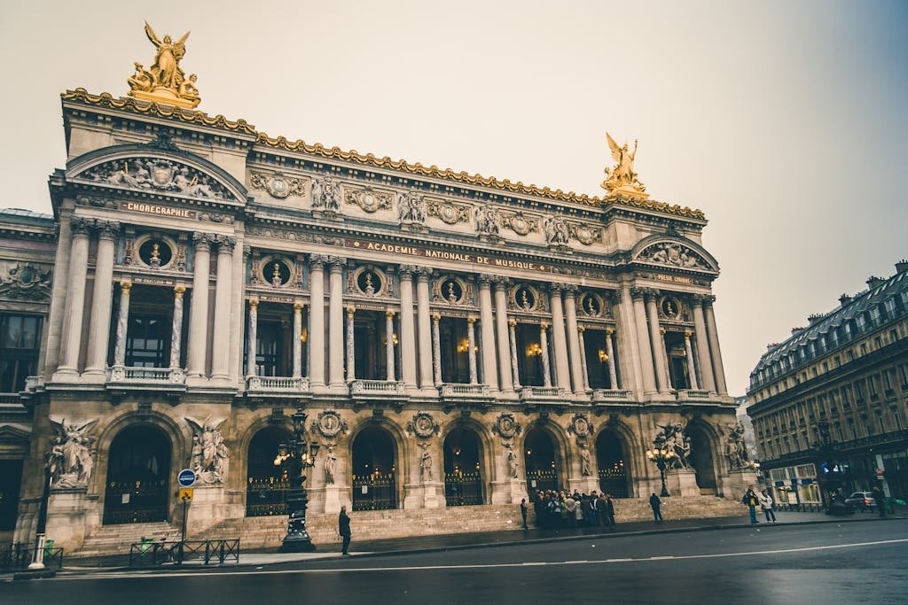 Low angle view of the historic Palais Garnier, Paris, showcasing classic architecture.
