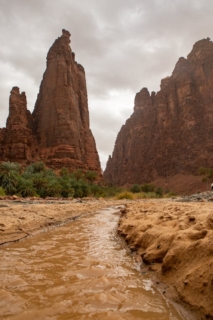 Scenic view of towering rock formations and a stream in Wadi Al Disah, Saudi Arabia.