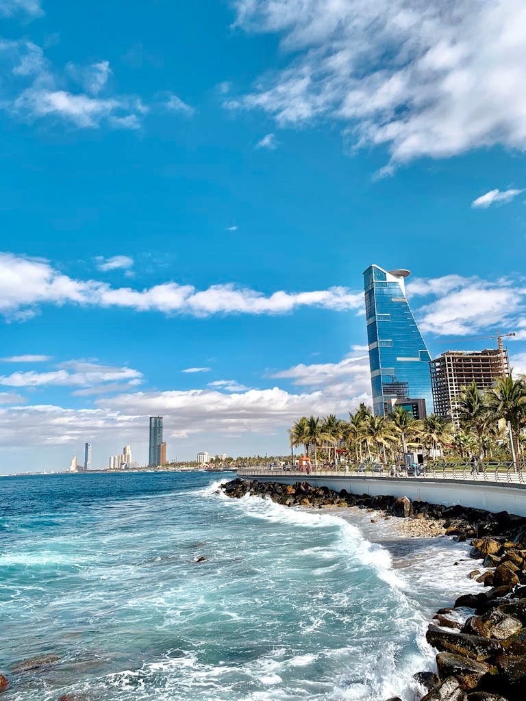 Vibrant urban landscape of Jeddah's coastline. Captivating cityscape with striking architecture.