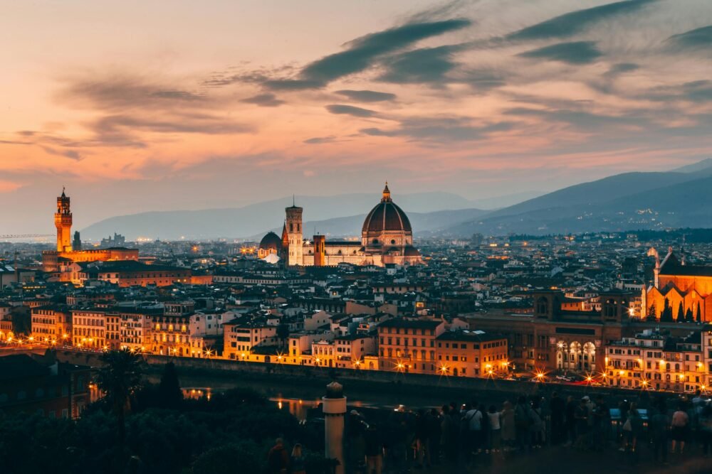 Breathtaking view of Florence's iconic skyline, featuring the cathedral, captured at twilight.