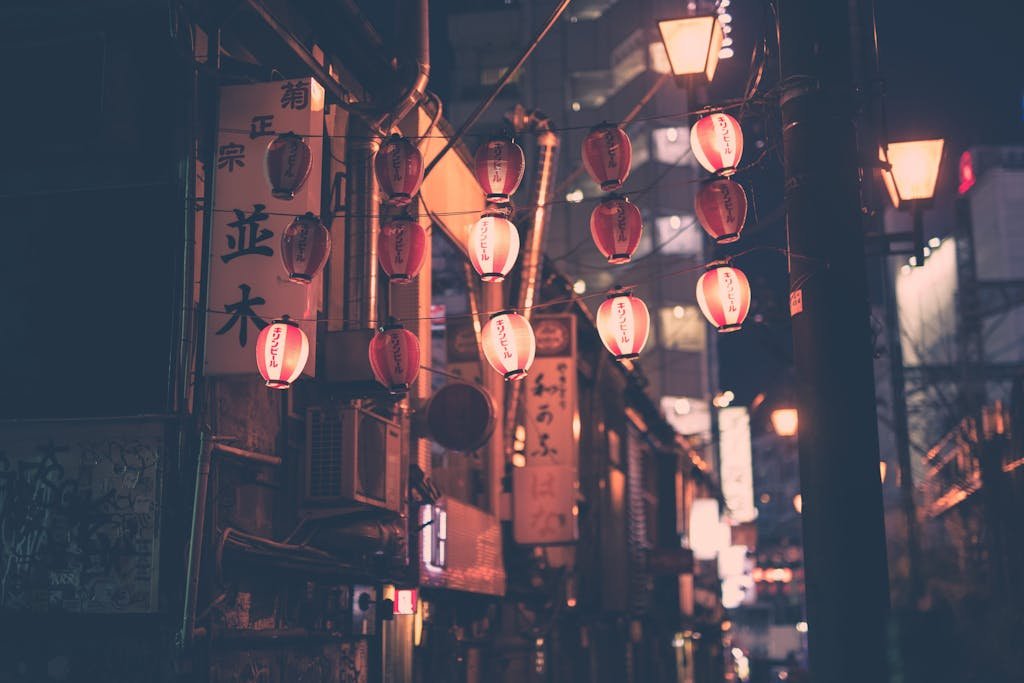 31 Best Things to Do in Tokyo, Japan 3 Moody night street with red lanterns in Tokyo Japan, capturing urban charm and cultural essence.