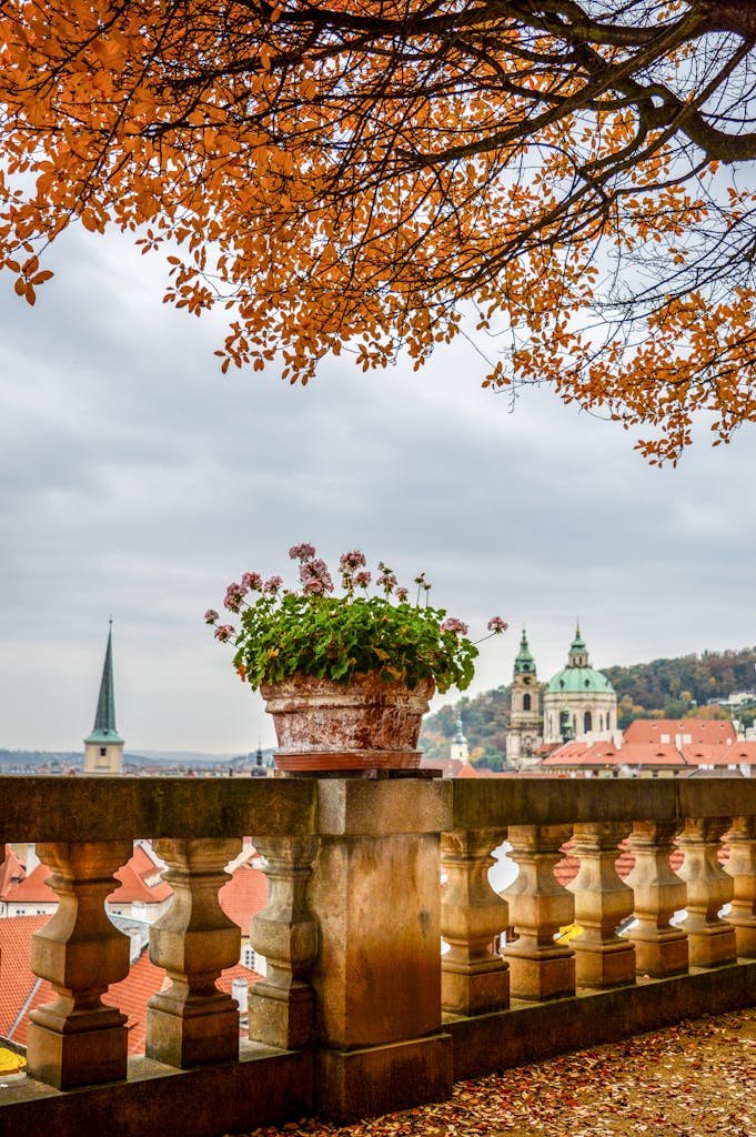 3 Magical Days in Prague (My Prague travel Itinerary) 11 A picturesque view of Prague's architecture framed by vibrant autumn leaves and a stone balustrade.