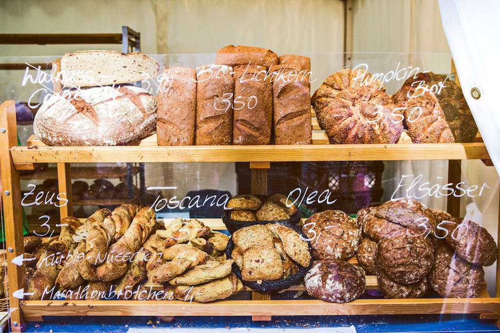 A tempting array of freshly baked breads at a local market in Berlin, Germany.