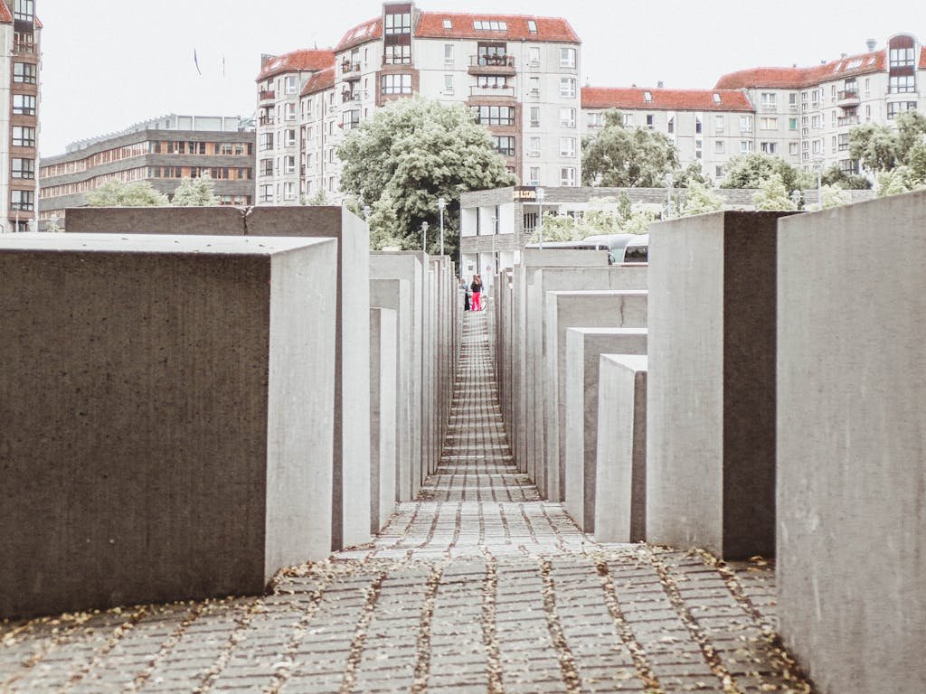 View of the Holocaust Memorial's concrete blocks in Berlin, capturing modern architectural design.