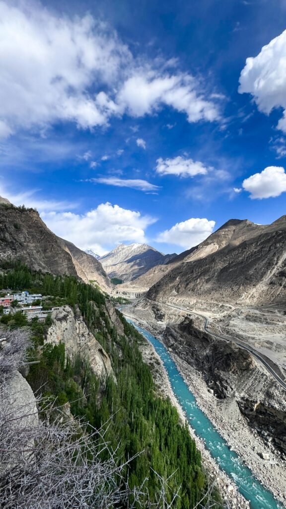 Scenic Hunza river valley with mountain
