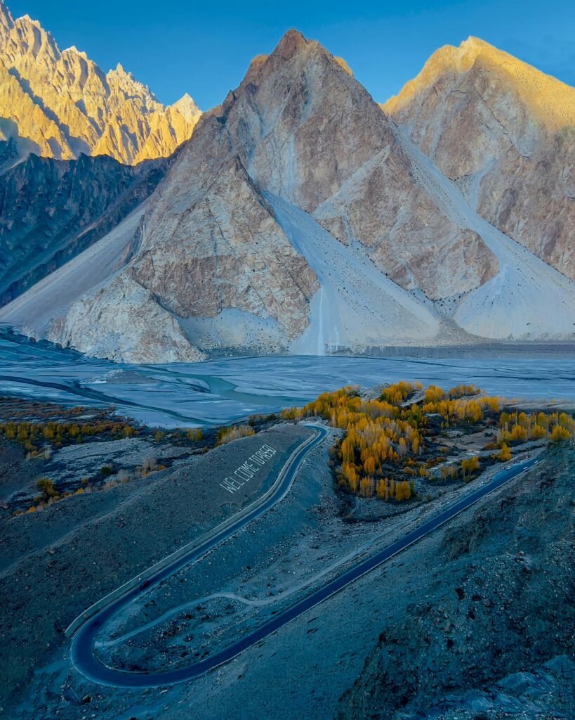 Majestic mountains with winding road Passu Pakistan