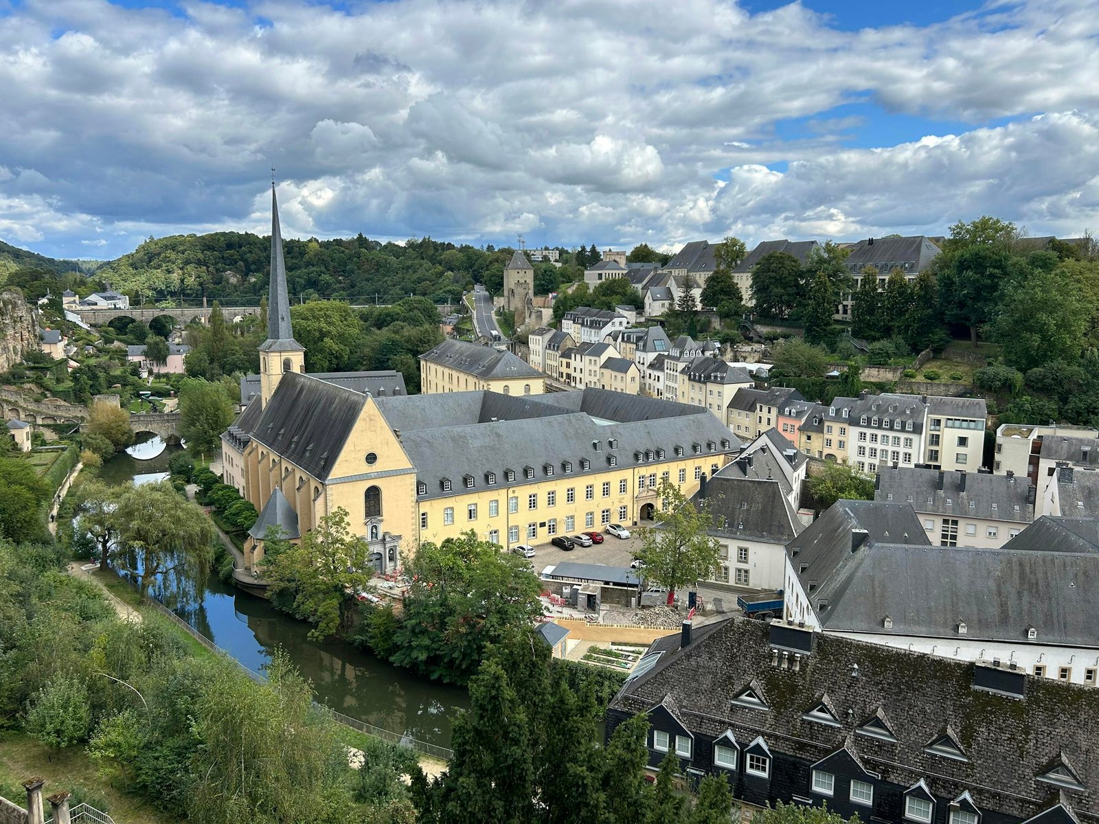 Aerial view of Luxembourg's historic architecture including Neumünster Abbey and Petrusse Valley.