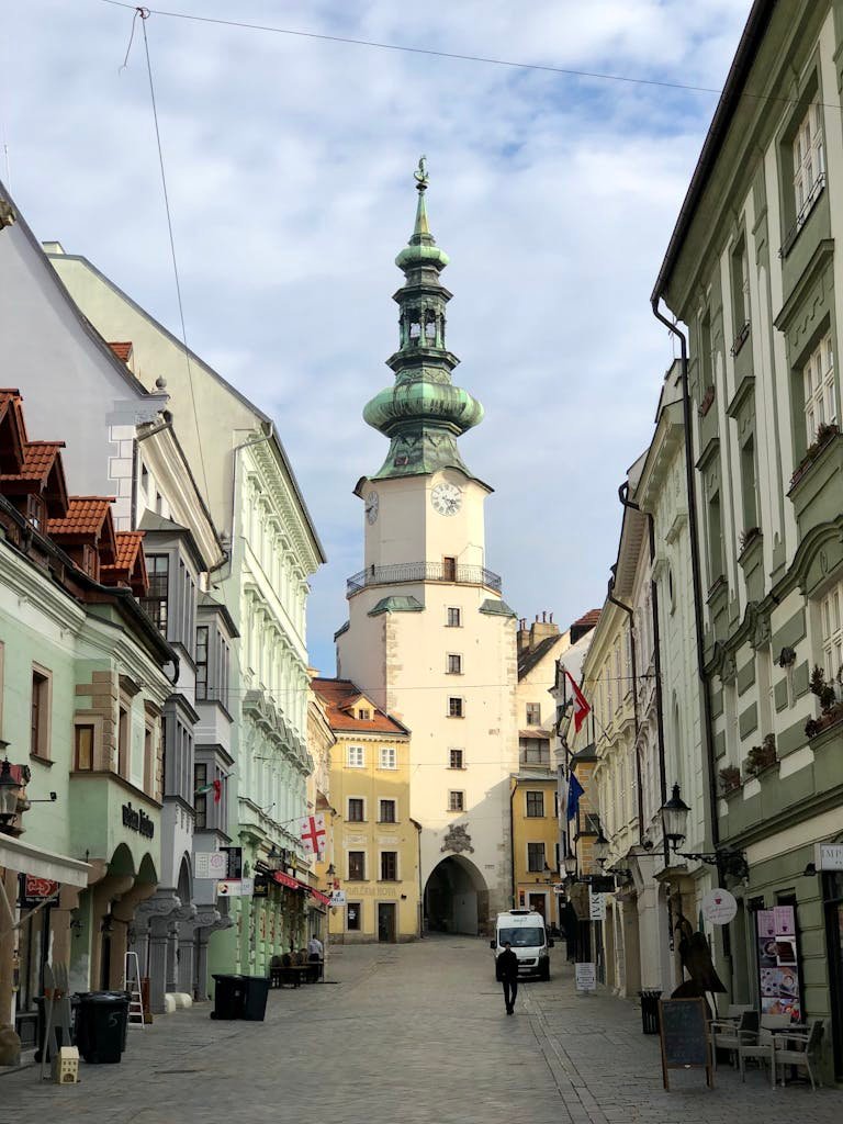 Charming view of Michael's Gate in the historic old town of Bratislava, Slovakia.