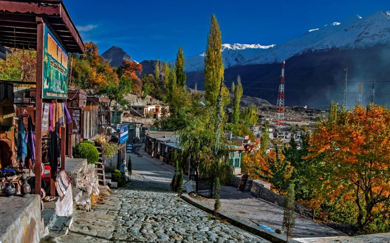 Vibrant cobblestone street in a village