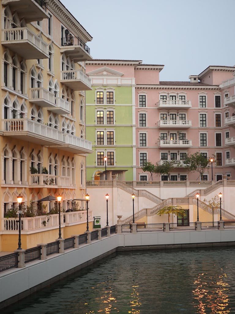 Vibrant apartment buildings in Doha, Qatar at evening dusk. Elegant and tranquil urban scene.