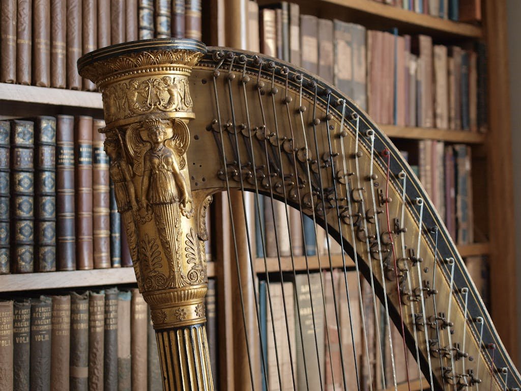 15 Best Things To Do In Brussels Belgium: Tips for first time visitors 12 Close-up of a golden harp in a vintage library with classic bookshelves.