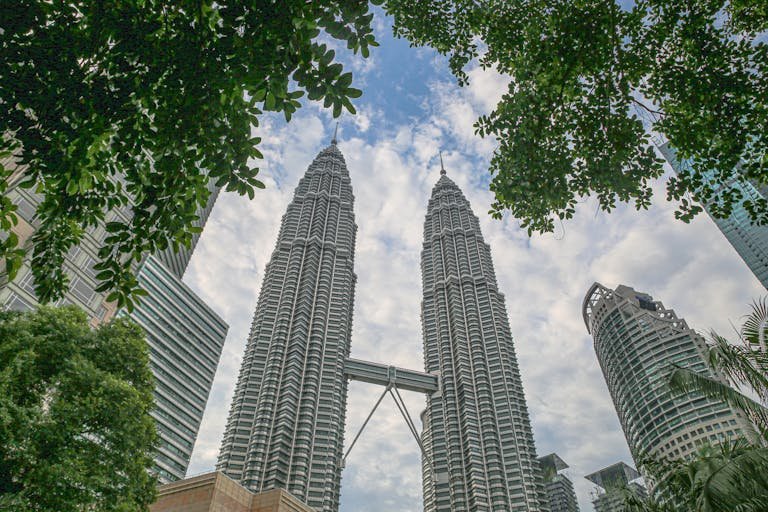 Petronas Twin Towers in Kuala Lumpur, Malaysia framed by trees under a cloudy sky.