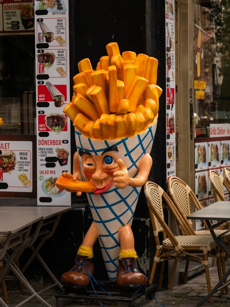 15 Best Things To Do In Brussels Belgium: Tips for first time visitors 8 Quirky French fry statue in front of a restaurant, creating a playful ambiance.