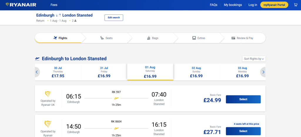 Booking process of ryanair