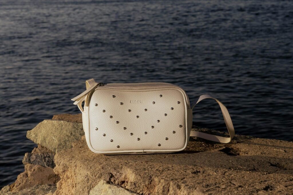 A crossbody bag placed on a big stone on Beech