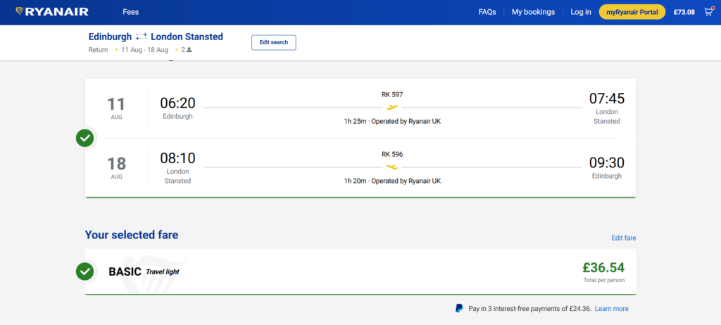 Ryanair ticket price