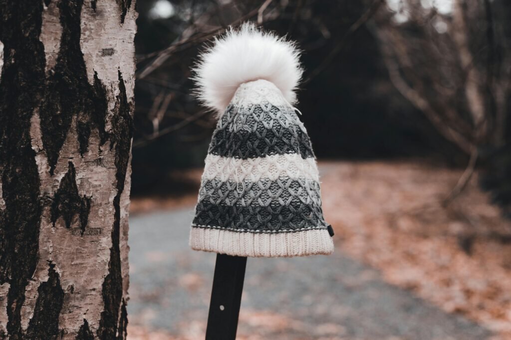 A winter beanie with dried leaves in the background