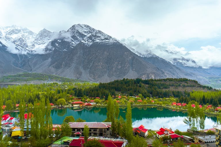 Capture of Shangrila Resort with mountains and lake in Skardu, Pakistan. A perfect travel destination with stunning landscapes.