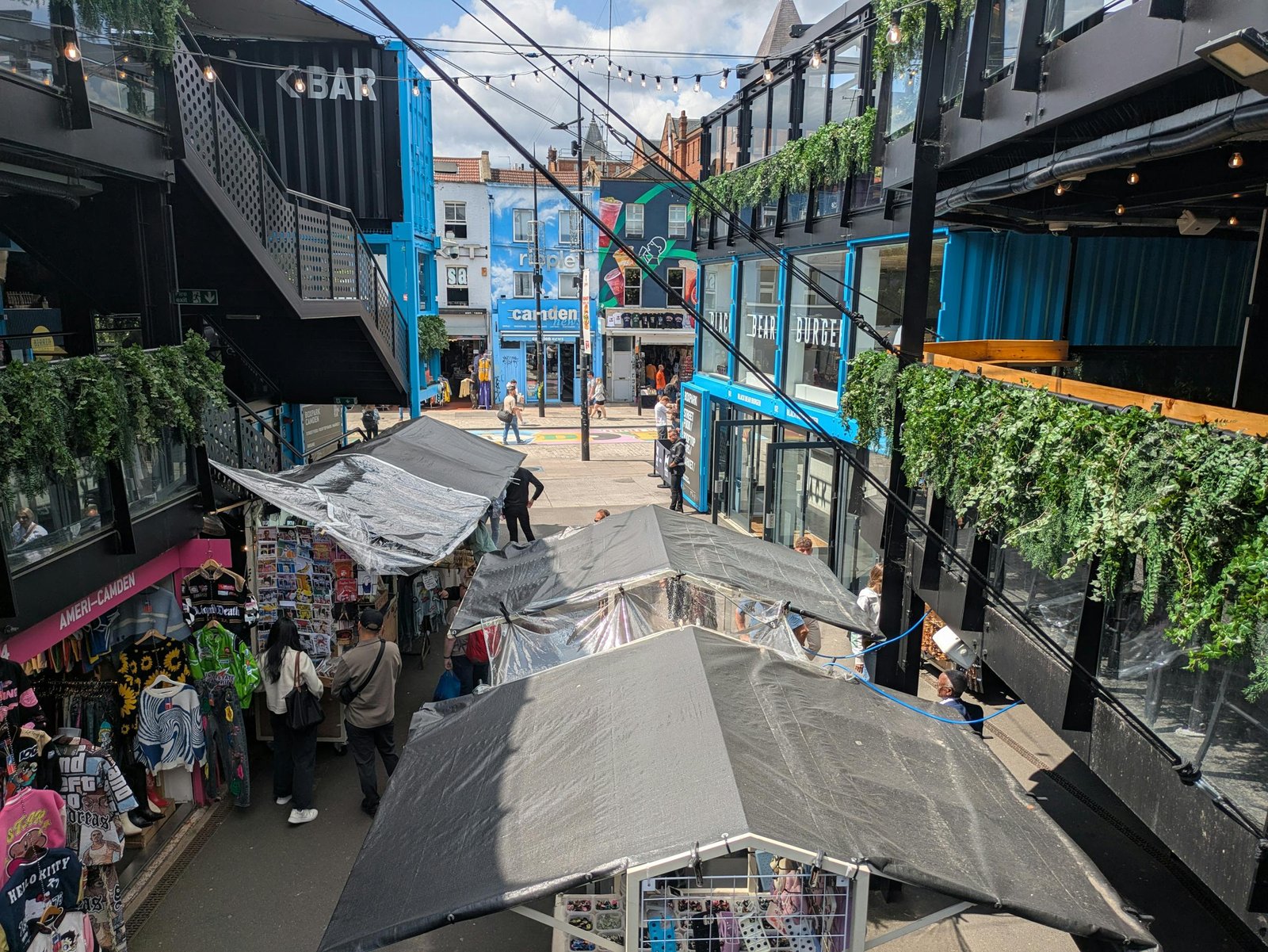 Colorful day at Camden Market, bustling with activity and diverse shops.