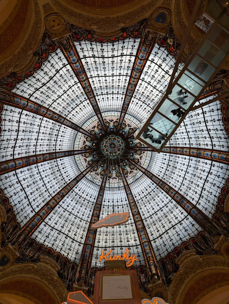 41 best Things to Do in Paris: Iconic Sights to Hidden Gems 20 Intricate glass dome ceiling at Galeries Lafayette in Paris, showcasing stunning architectural details.