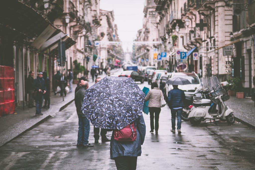 People with umbrellas walking on a rainy urban street, surrounded by classic architecture.
