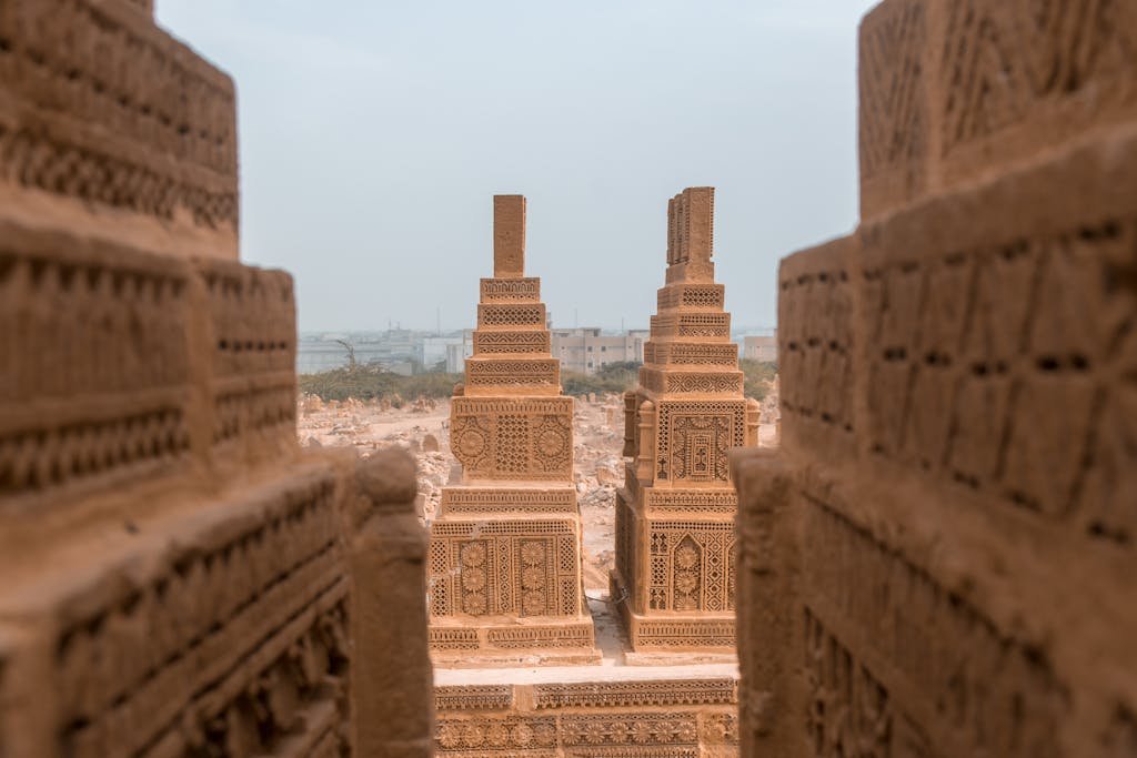 Picturesque view of famous oriental graves with elaborate sandstone carvings part of Chaukhandi tombs located in Sindh province of Pakistan