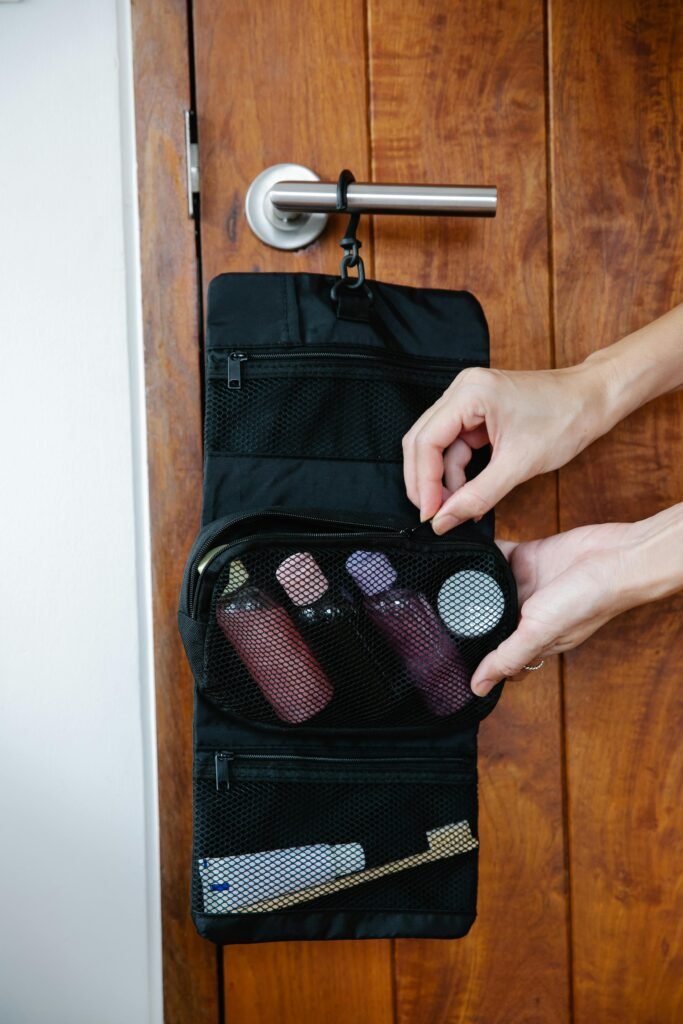 Toiletries in a travel pouch