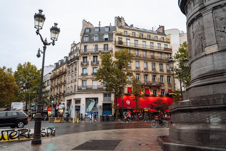 Vibrant urban scene in Montmartre, Paris showcasing classic architecture and bustling street life.