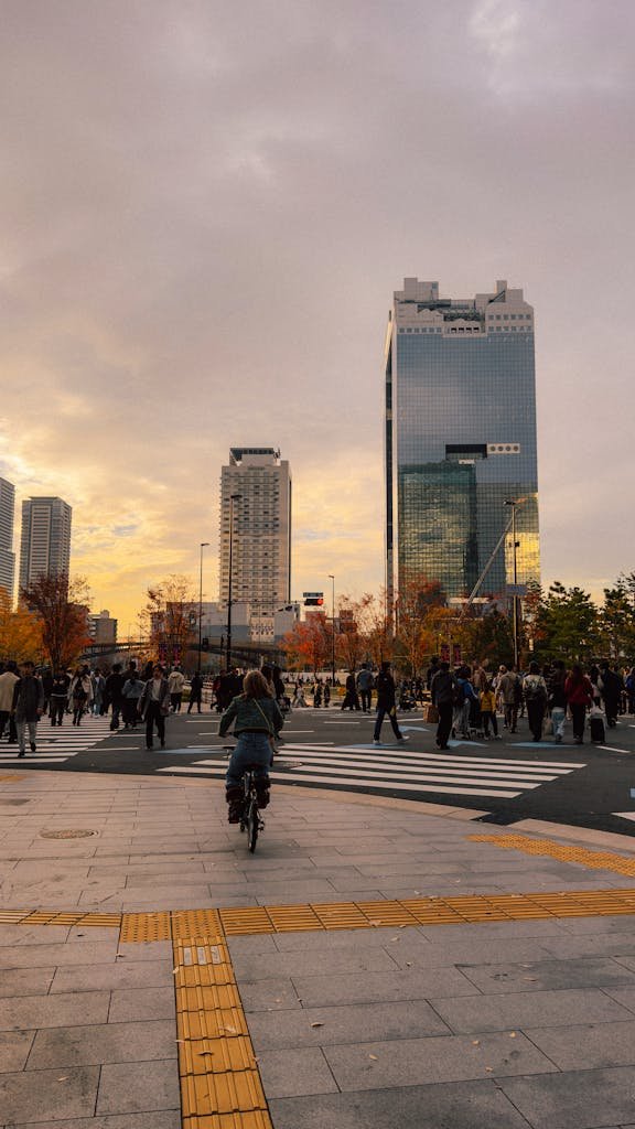 A breathtaking cityscape of Osaka, Japan showcasing skyscrapers at sunset.