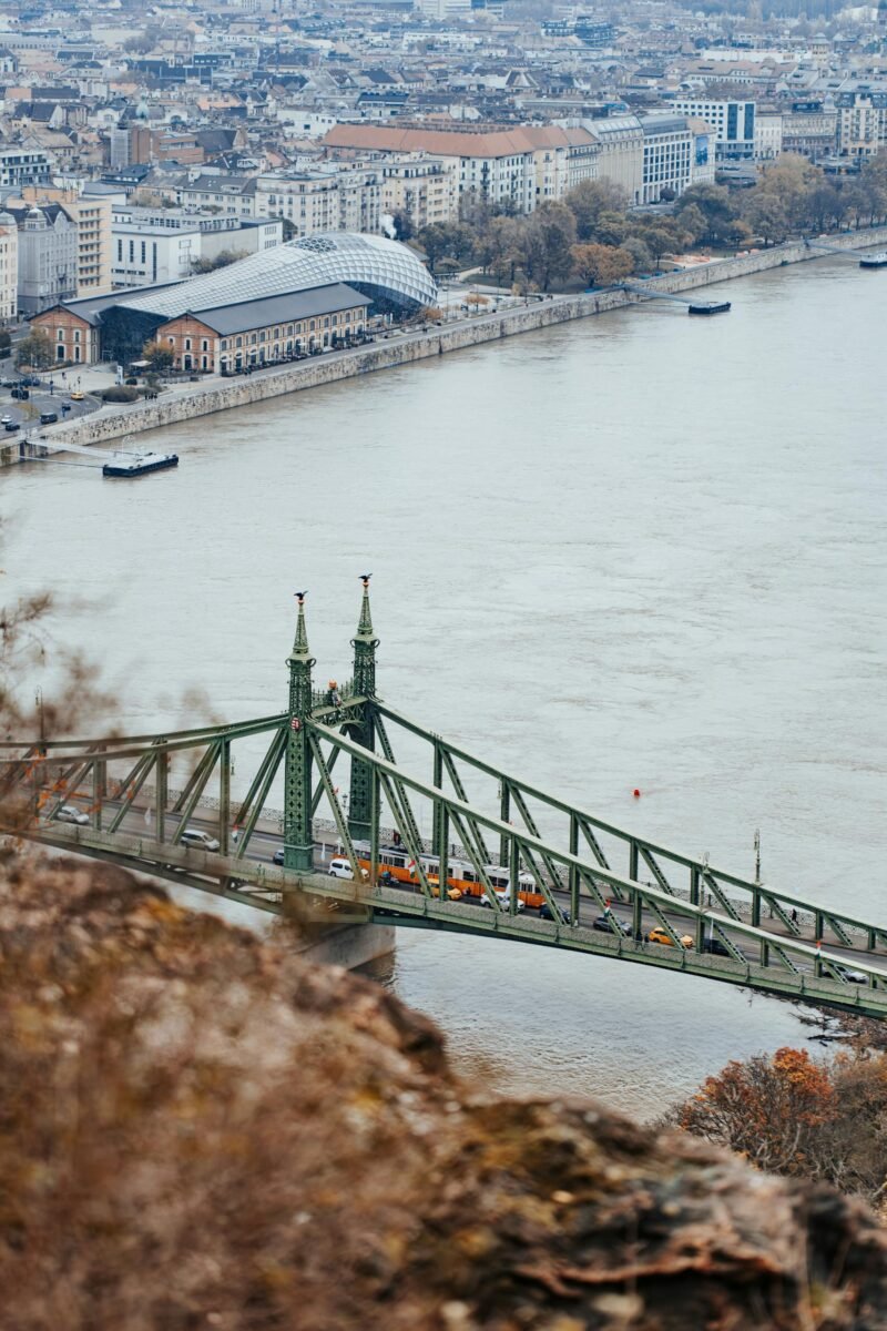 Home 20 Aerial view of Liberty Bridge over Danube River in Budapest, capturing urban landscape.