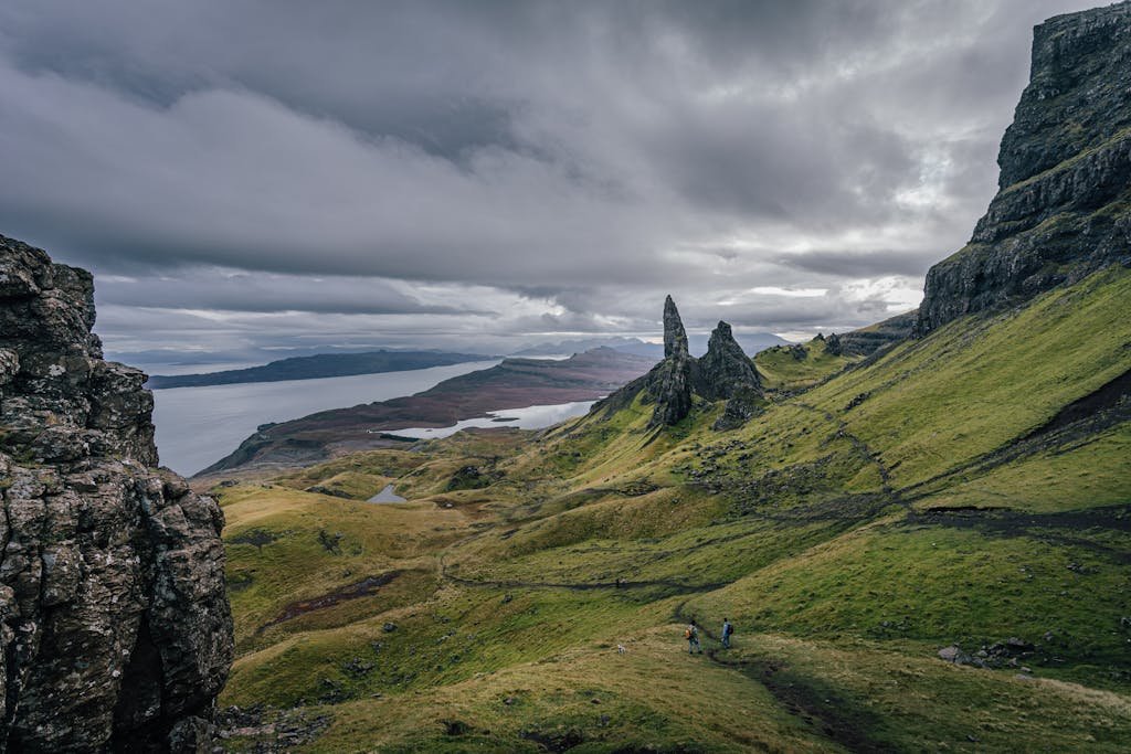 Explore the stunning landscapes of the Isle of Skye with the iconic Old Man of Storr under dramatic skies.