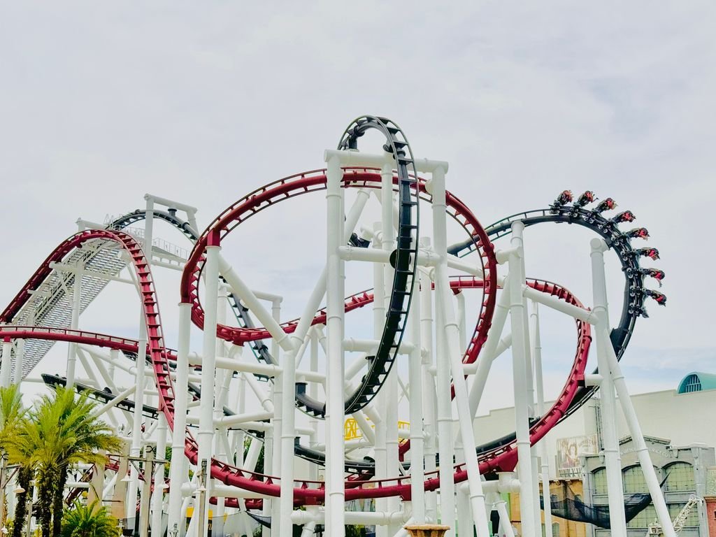 Universal Studios Japan: The Complete Guide for First-Time Visitors 8 A thrilling red roller coaster with multiple loops under a clear sky, offering an exhilarating ride.
