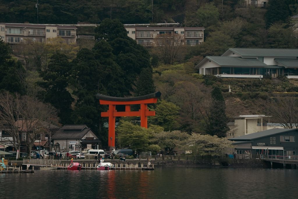 Idyllic view of Lake Ashi and historic torii gate in Hakone, Japan.