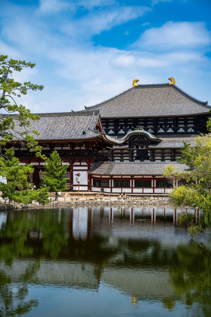 Nara Day Trip Guide: 10 Best Things to Do in Nara 6 Scenic view of Todaiji Temple in Nara, Japan, photographed with clear reflection in a serene pond.