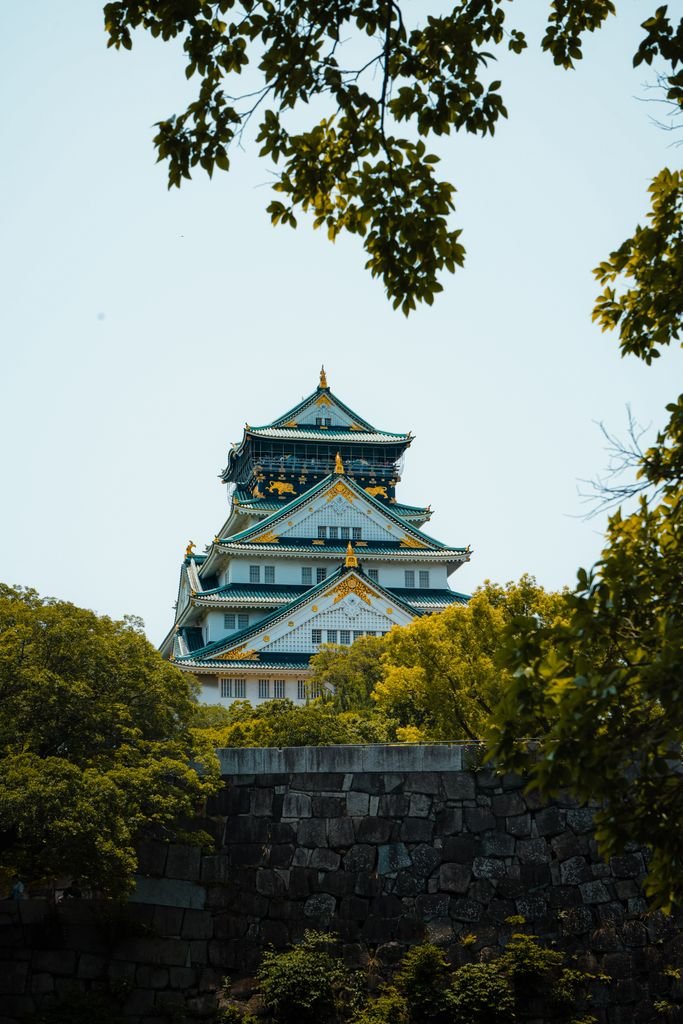 Stunning view of the historic Osaka Castle amid vibrant trees in a tranquil park setting.