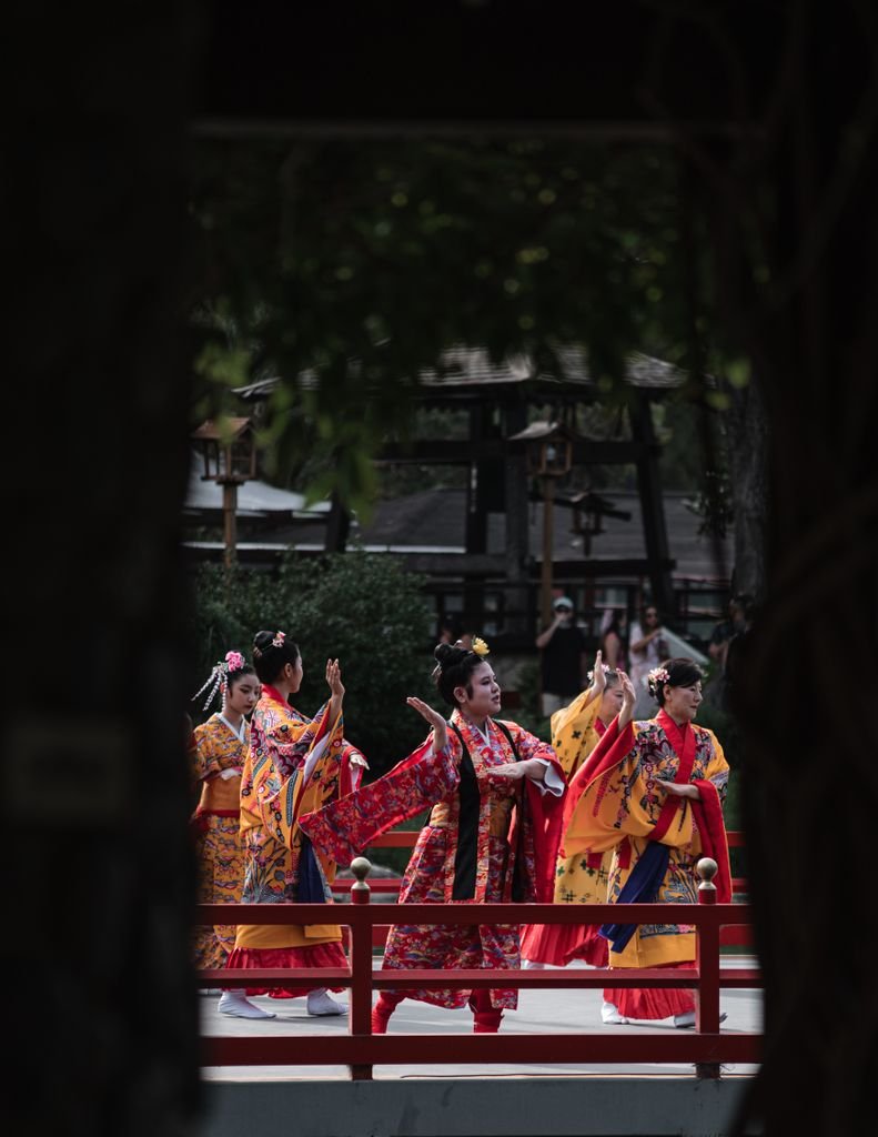 Vibrant traditional Japanese dance performed in Buenos Aires, showcasing cultural aesthetics and attire.