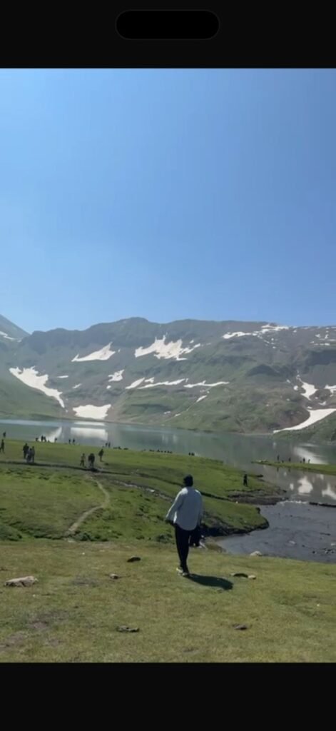 Dudipatsar Lake with turquoise water and snow-covered mountains